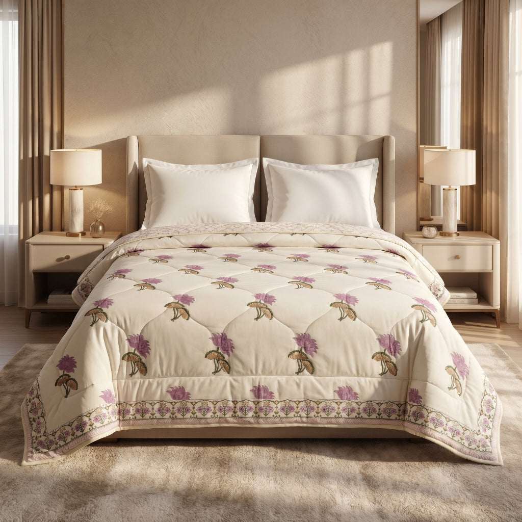 Cream & Mauve Floral Jaipur Hand Block Print Quilted Comforter — House of Avana, view 1 of 5