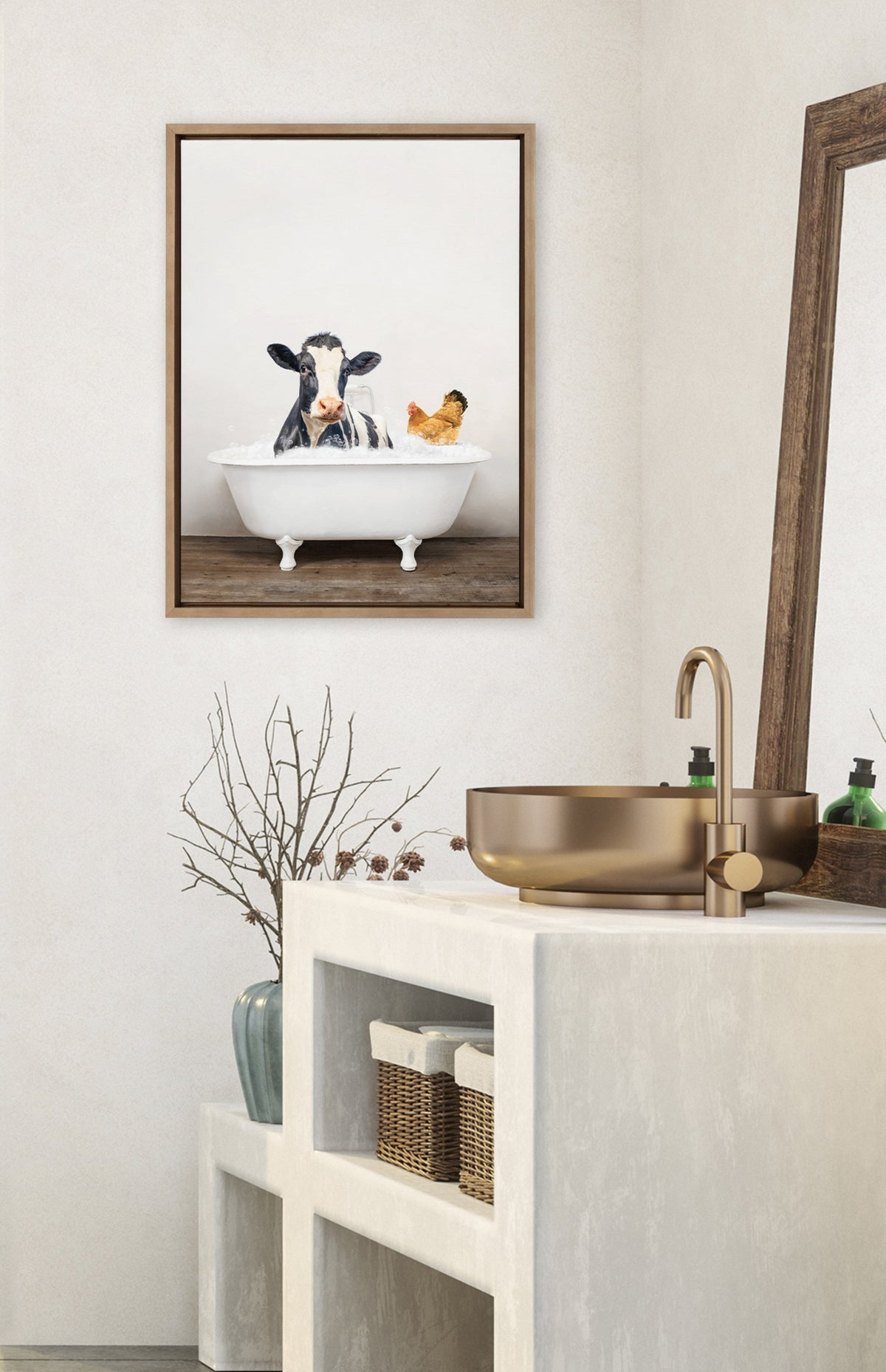 Sylvie Cow and Chicken in Rustic Bath Framed Canvas by Amy Peterson Art Studio