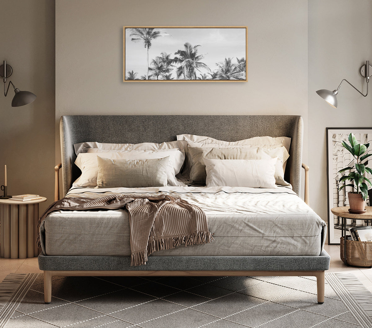 Sylvie Coastal Coconut Palm Tree Beach BW Framed Canvas by The Creative Bunch Studio