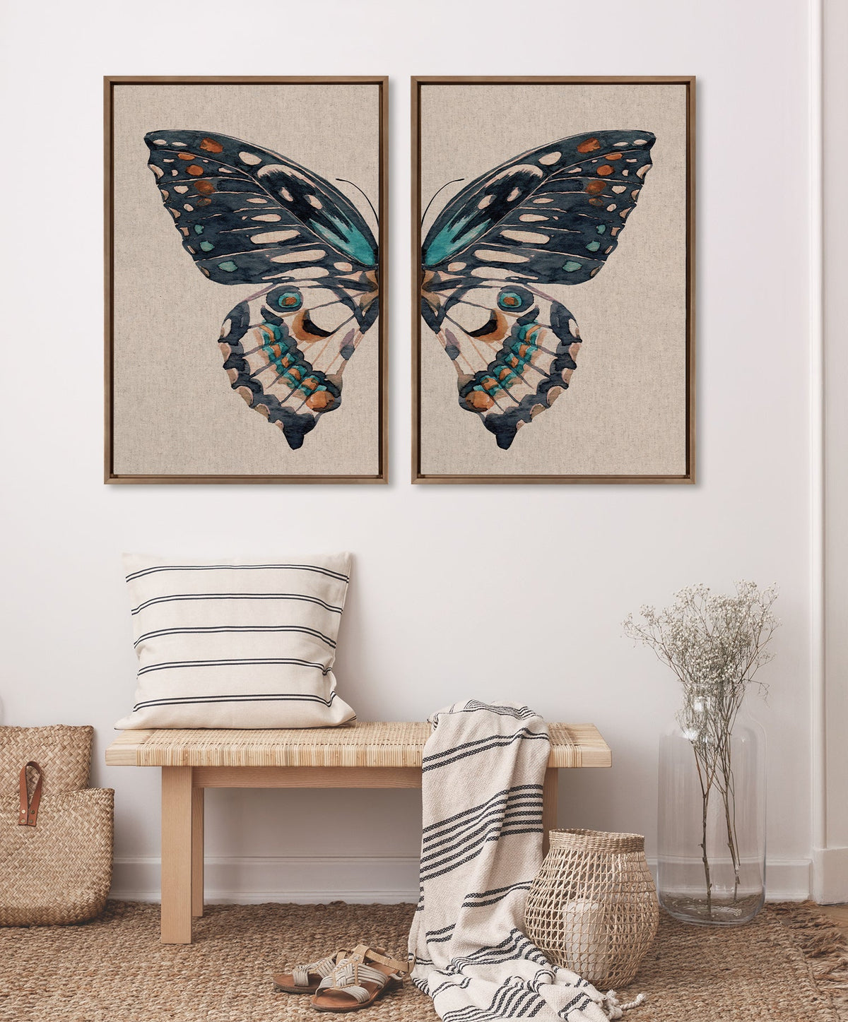 Sylvie Boho Butterfly Watercolor Diptych Neutral Linen Framed Canvas Art Set by The Creative Bunch Studio