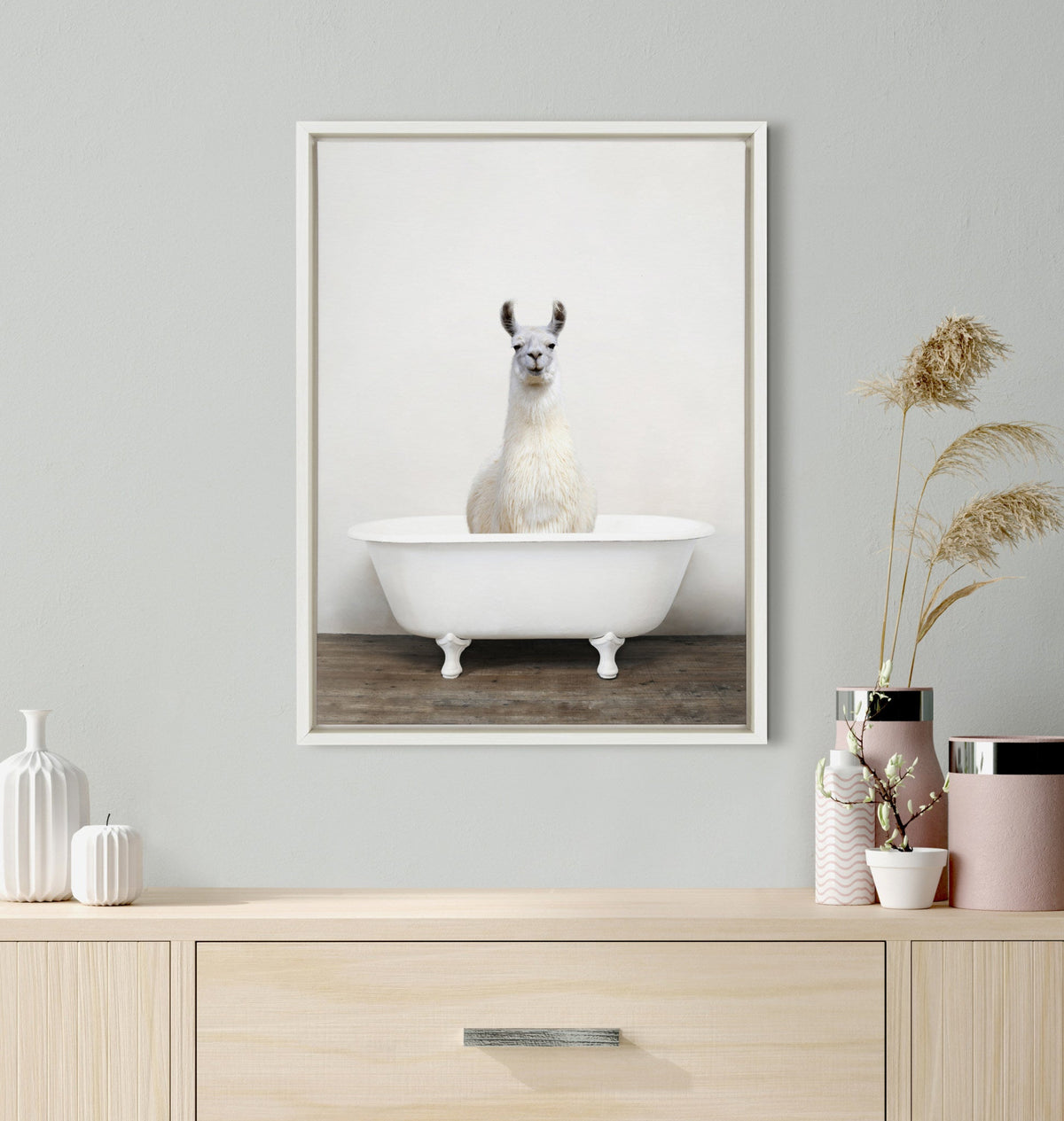 Sylvie Alpaca in the Tub Color Framed Canvas by Amy Peterson Art Studio