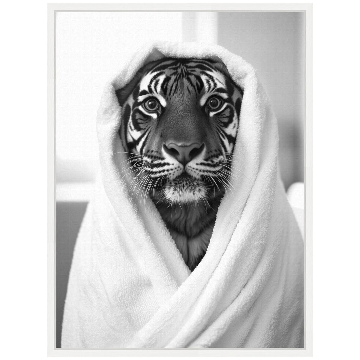 Sylvie Tiger Bathroom Art Towel Robe Black and White Framed Canvas by The Creative Bunch Studio