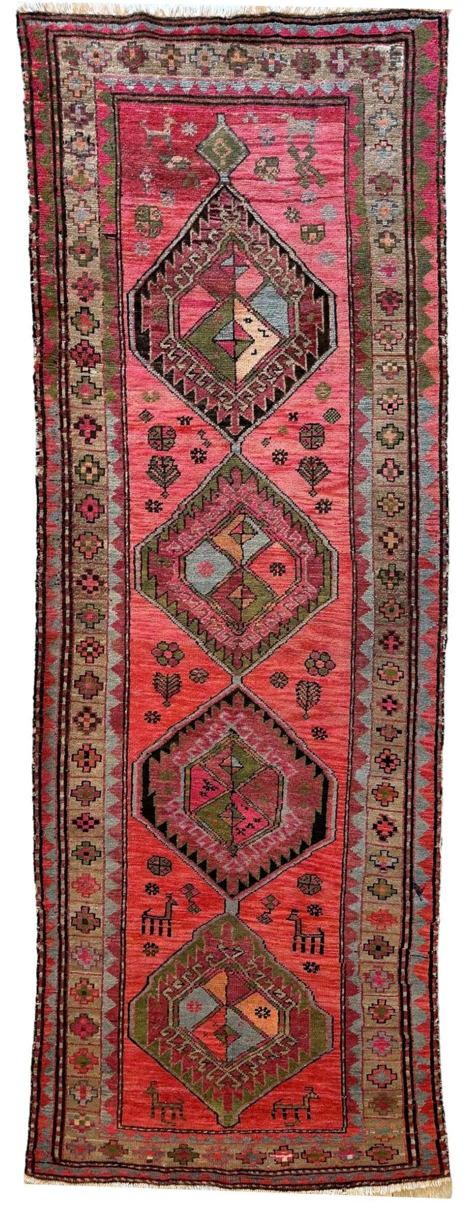 Antique Caucasian Runner 4x9 | Red, Olive Green & Beige | Hand-Knotted Wool - Rugistan, view 2