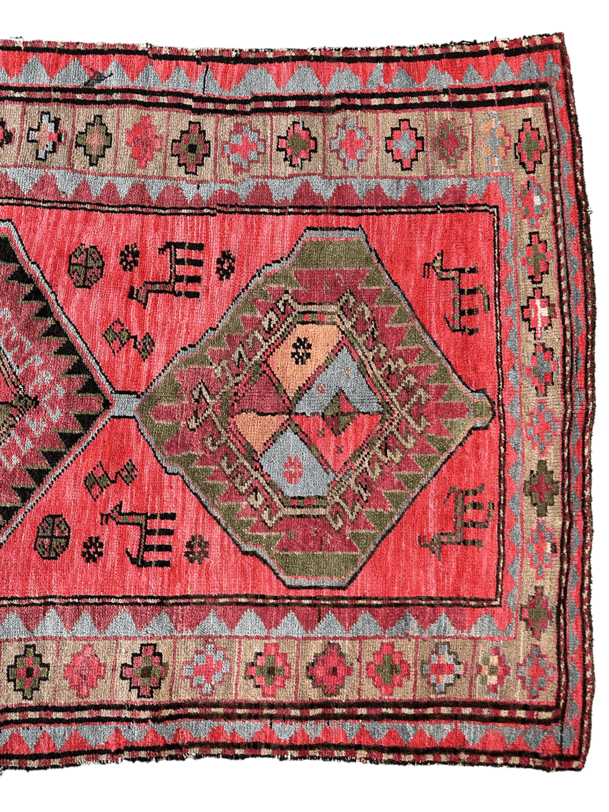 Antique Caucasian Runner 4x9 | Red, Olive Green & Beige | Hand-Knotted Wool - Rugistan, view 5
