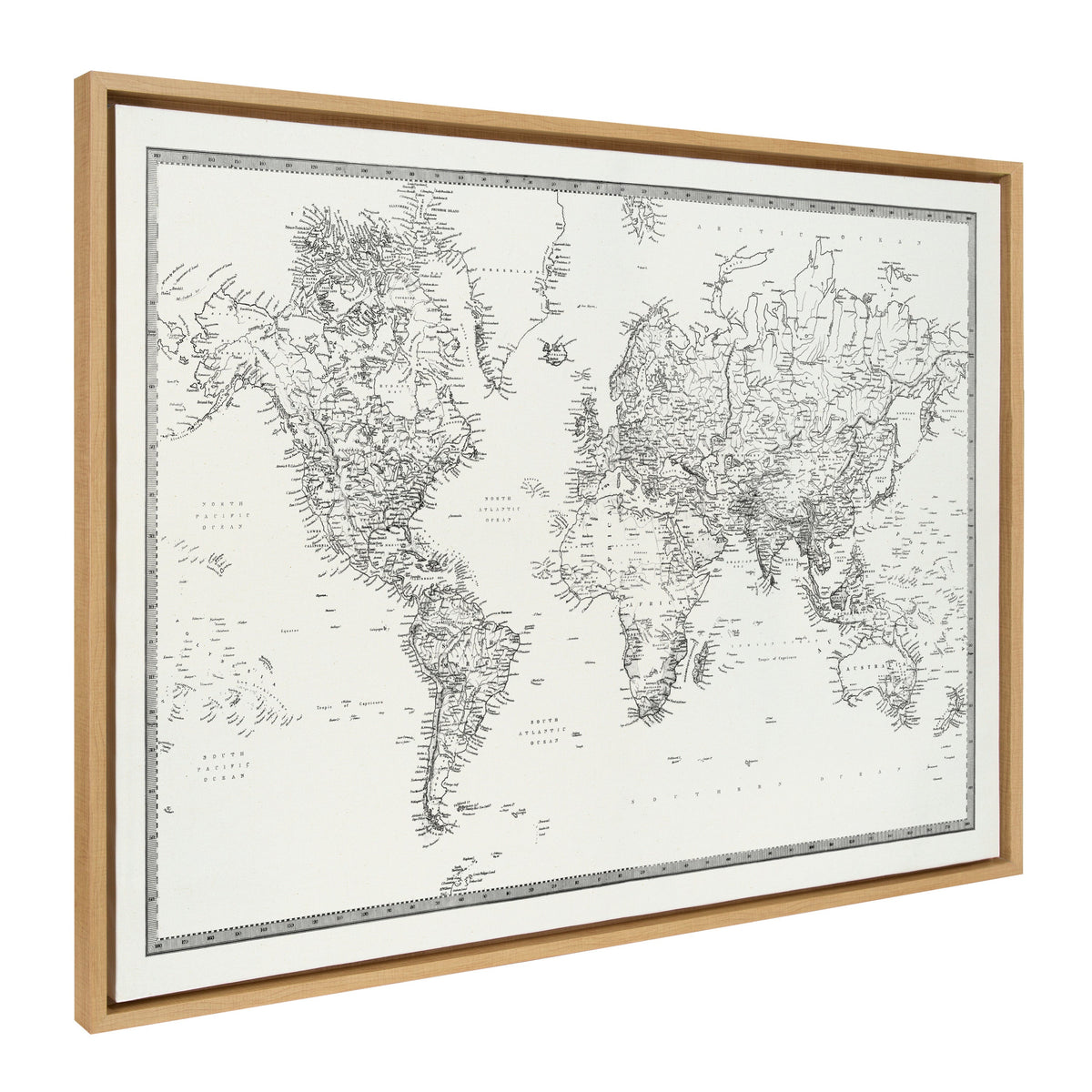 Sylvie Vintage Black and White World Map Framed Canvas by The Creative Bunch Studio