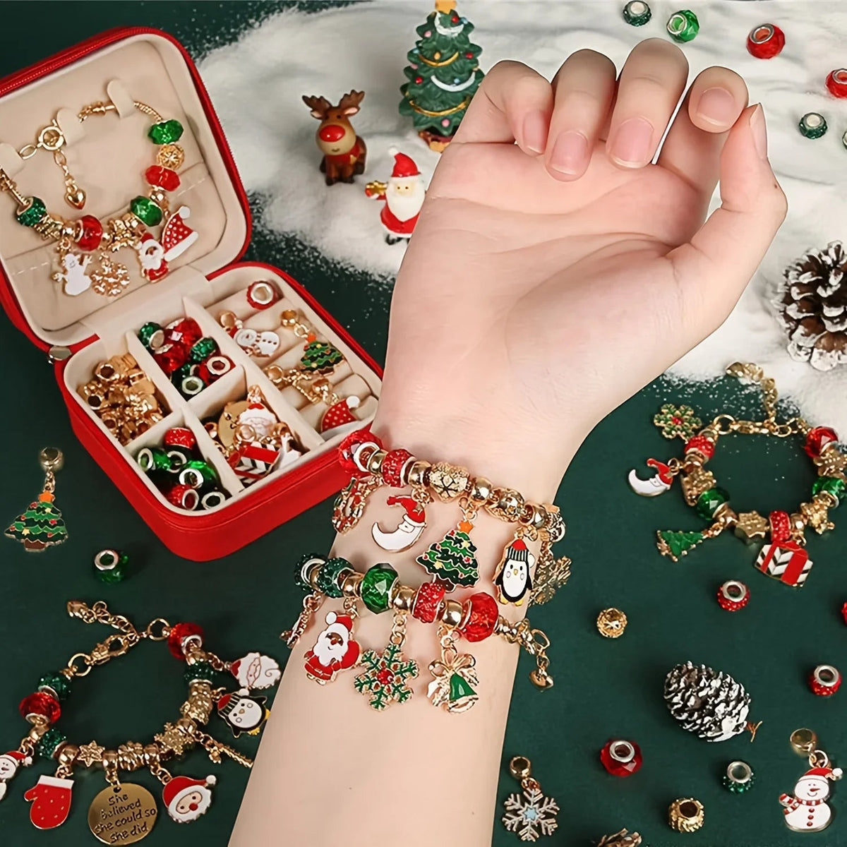 Red Green Bead Christmas Bracelet Making Kit with Charm Beads