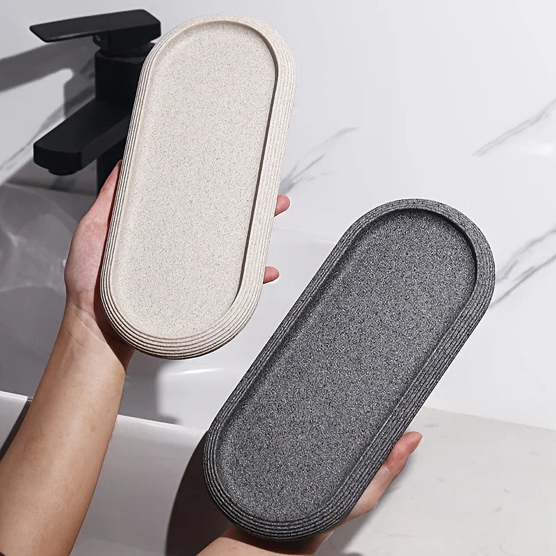 Oval Textured Bathroom Vanity Tray with Striped Rim