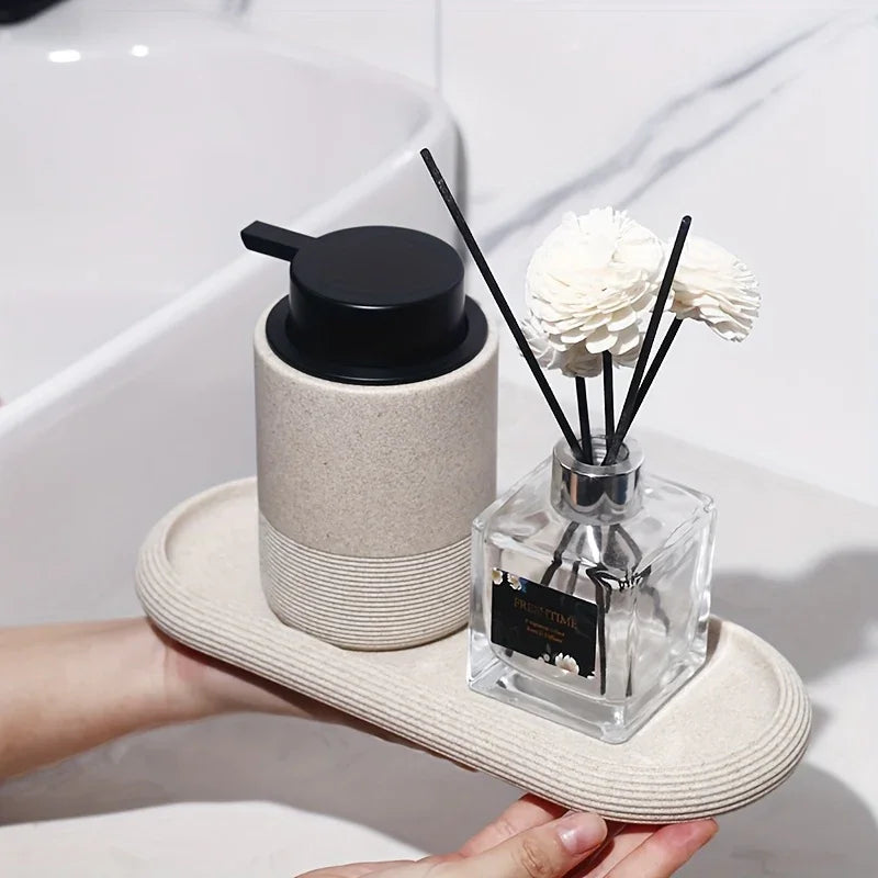 Oval Textured Bathroom Vanity Tray with Striped Rim