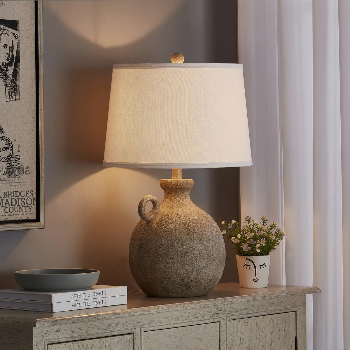 Resin Farmhouse Table Lamp with 3-Way Dimming and USB Port, White Shade, 24