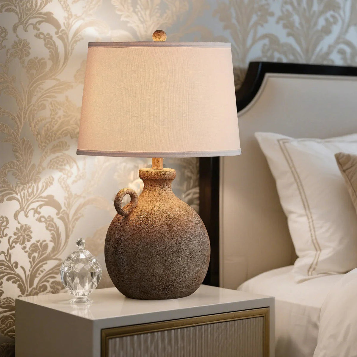 Resin Farmhouse Table Lamp with 3-Way Dimming and USB Port, White Shade, 24