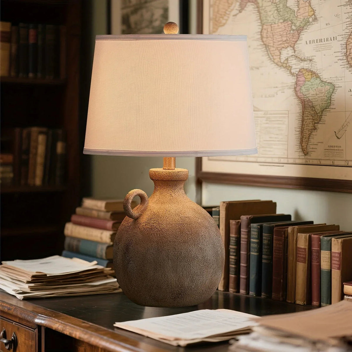 Resin Farmhouse Table Lamp with 3-Way Dimming and USB Port, White Shade, 24
