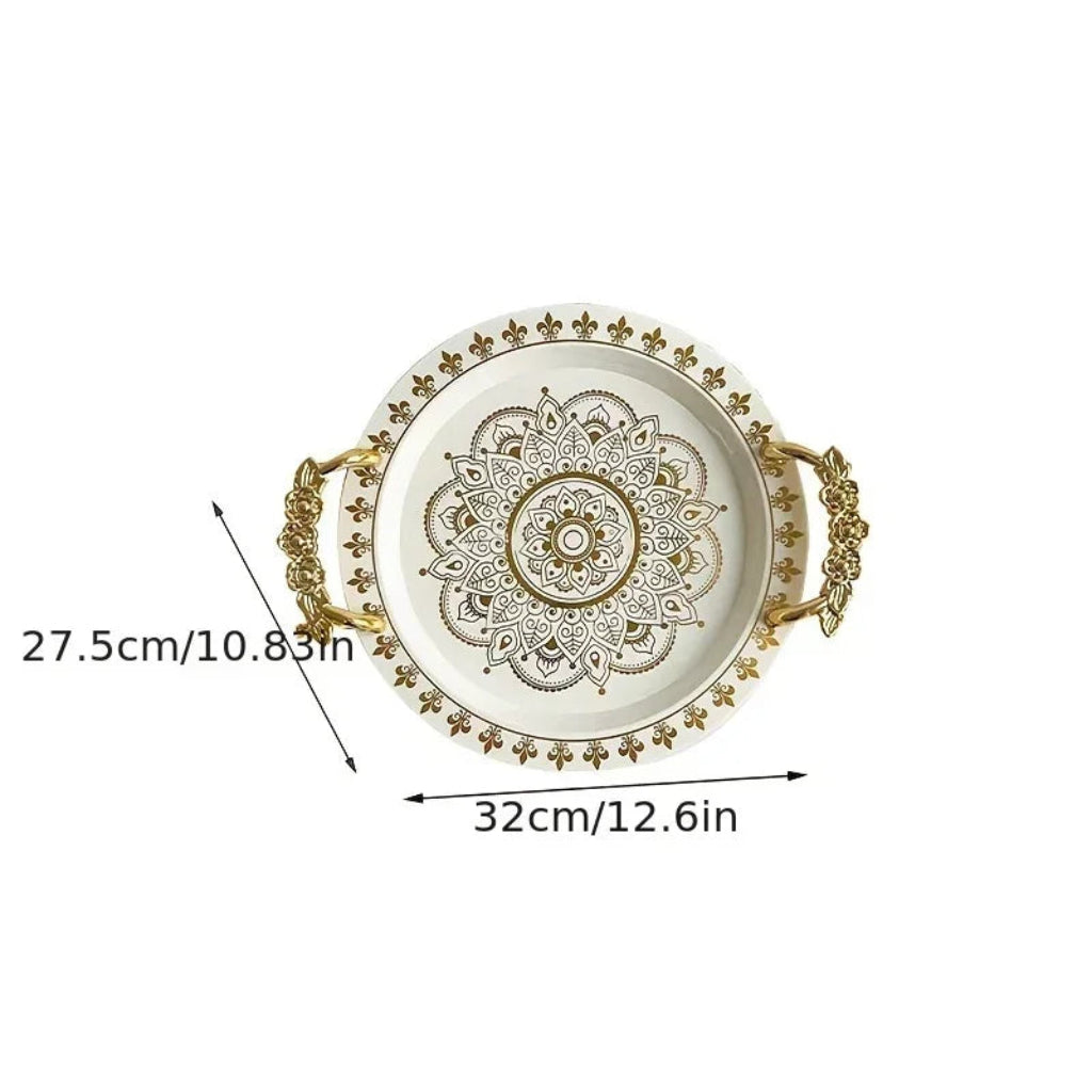 Round Golden Embossed White and Black Serving Tray with Rose Handles