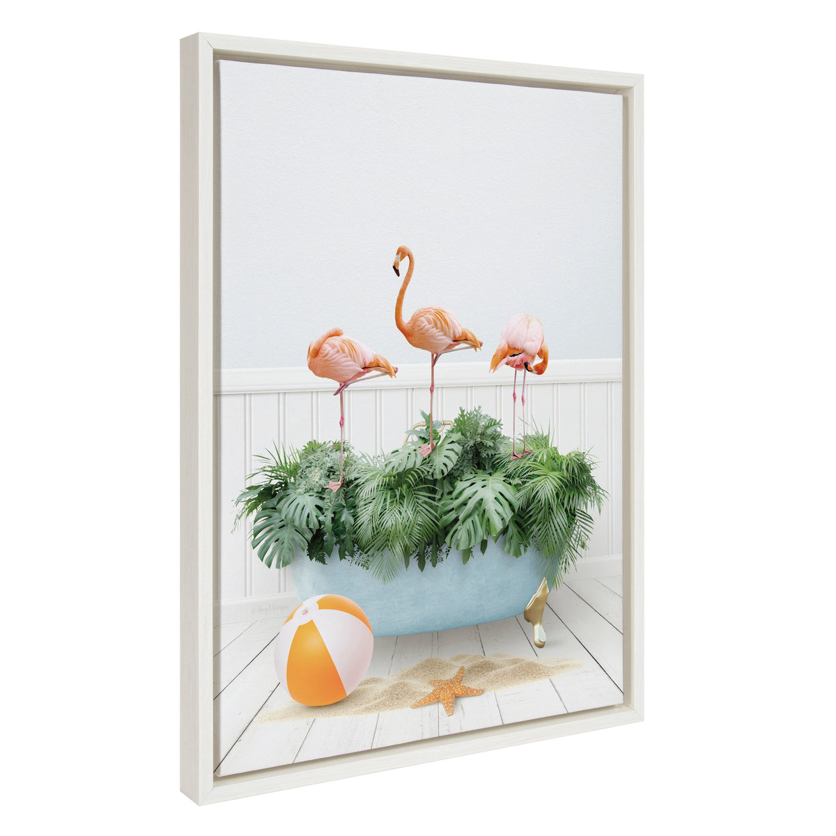 Sylvie Three Flamingos Beach House Bath Framed Canvas by Amy Peterson