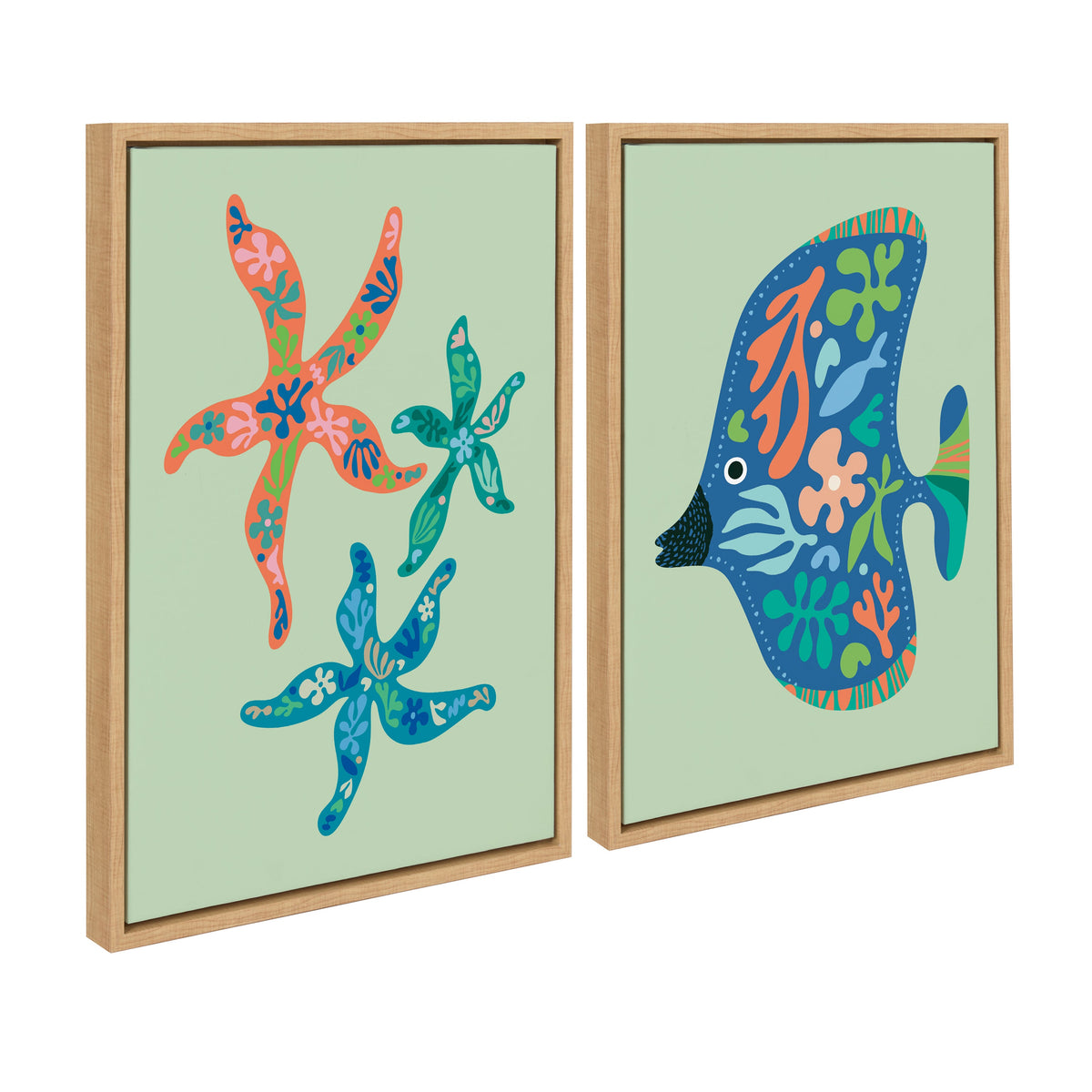 Sylvie Modern Colorful Starfish and Modern Colorful Tropical Fish Framed Canvas Art Set by Rachel Lee