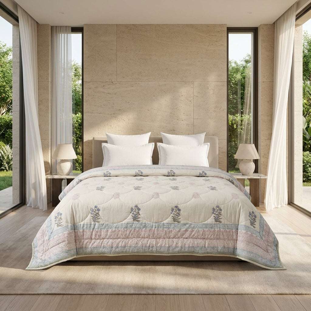 Cream & Burgundy Slate Floral Jaipur Indian Hand Block Print Quilted Comforter — House of Avana, view 1 of 5
