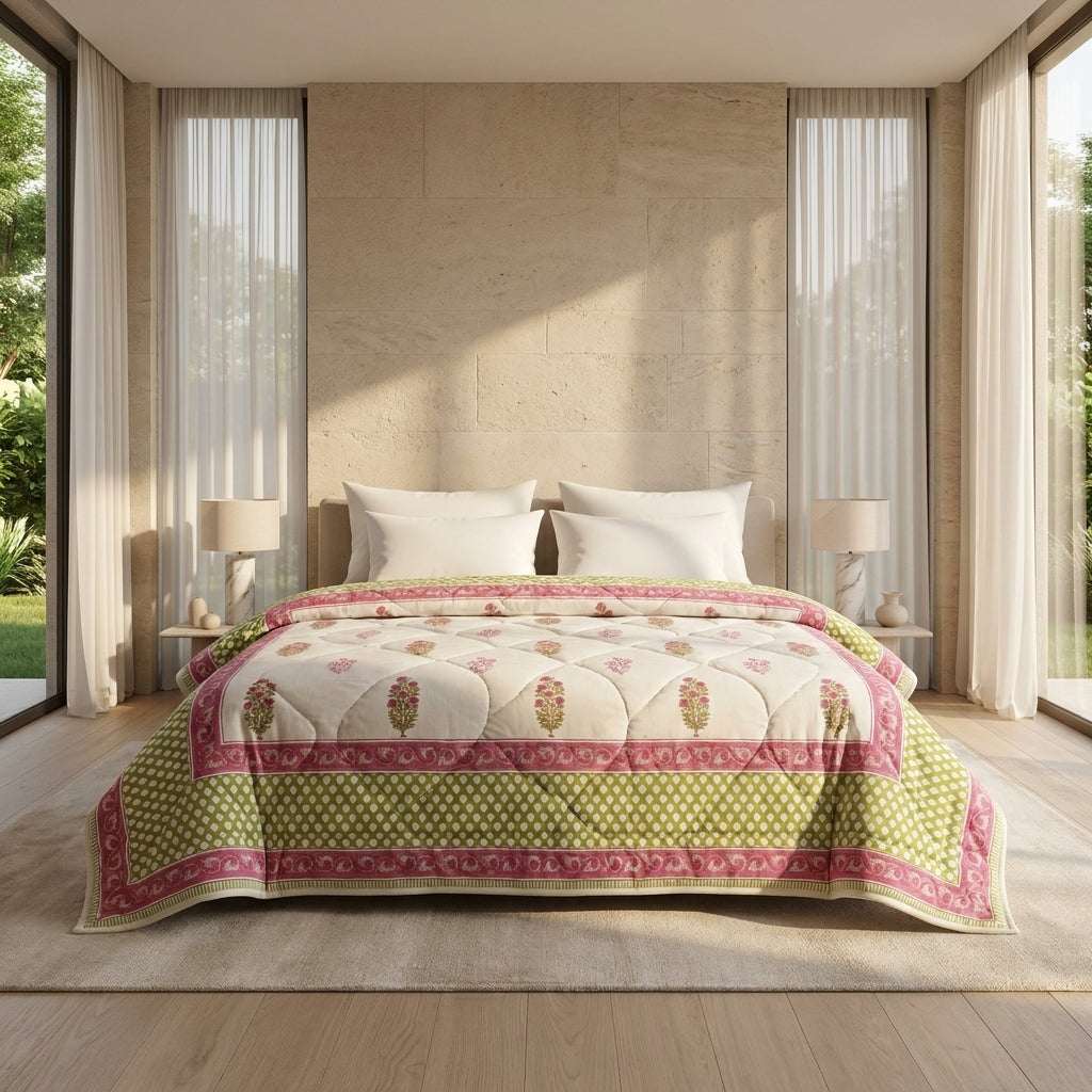 Cream & Deep Rose Floral Jaipur Indian Hand Block Print Quilted Comforter — House of Avana, view 1 of 6