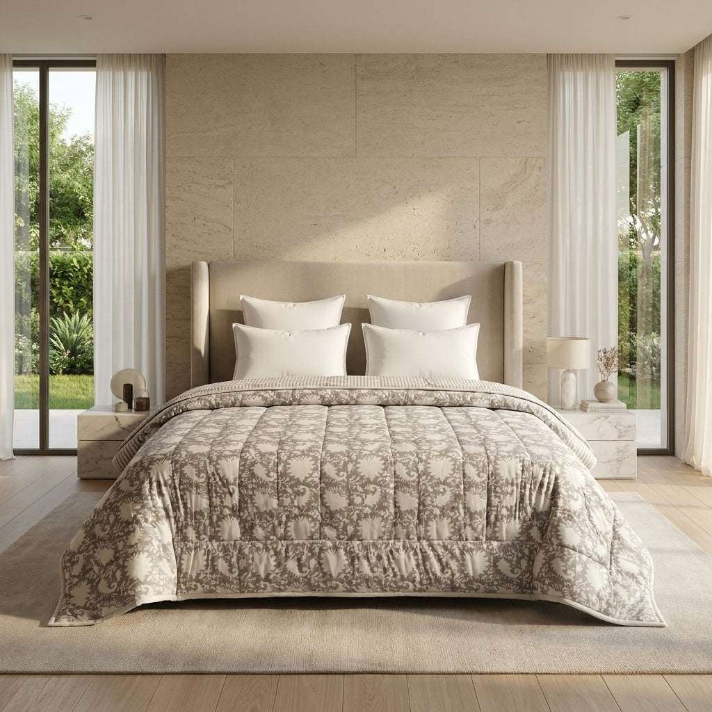 Cream & Rust Purple Floral Jaipur Indian Hand Block Print Quilted Comforter — House of Avana, view 1 of 5