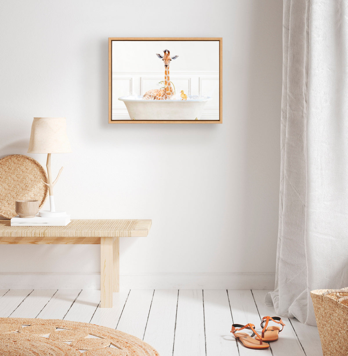 Sylvie Giraffe In Bubble Bath Neutral Style Framed Canvas by Amy Peterson Art Studio