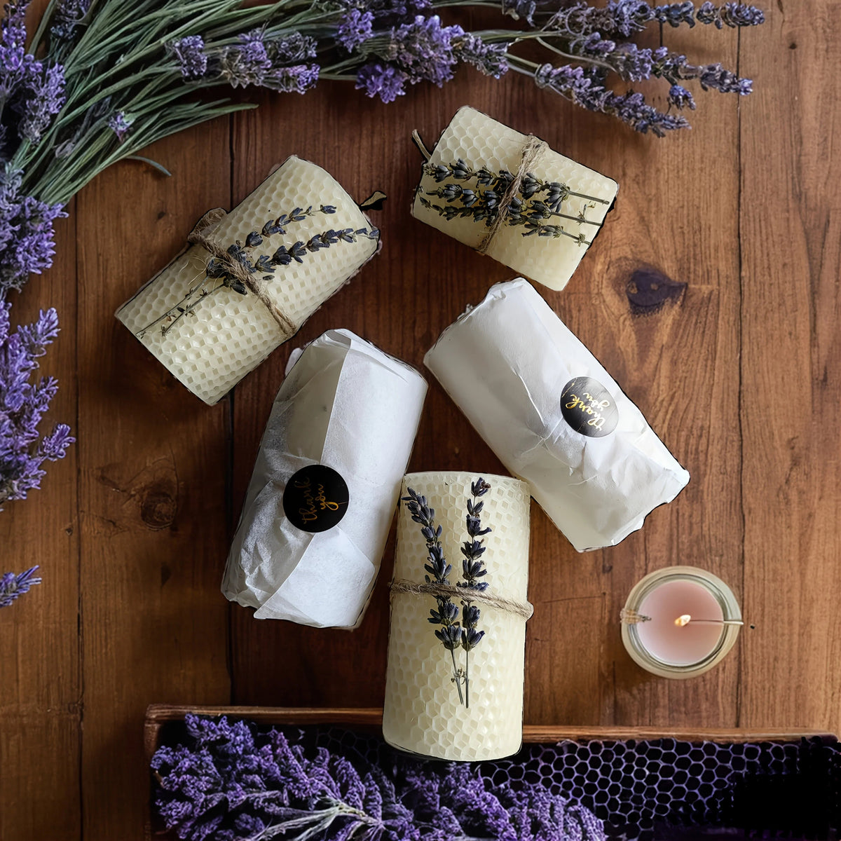 Set of 2 Lavender Beeswax Candles for Gifts