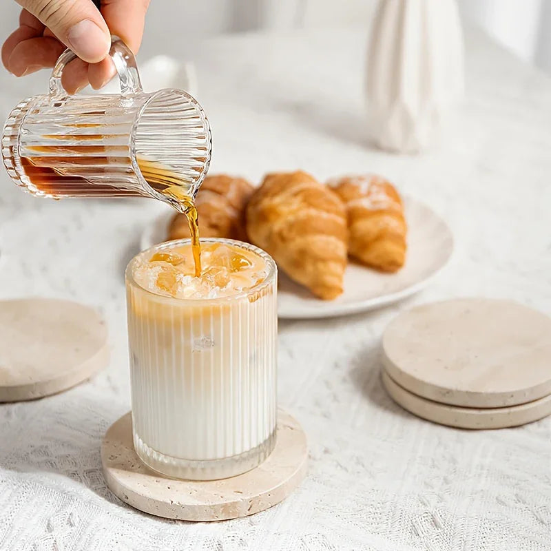 Set of 4 Natural Beige & Marble Coasters with Non-Slip Cork Backing - 10.16cm Round Stone Drink Coasters, Beige/White/Gray/Black Marble Patterns, Sturdy & Durable Table Protectors for Home Decor, Housewarming Wedding Gift, Sc