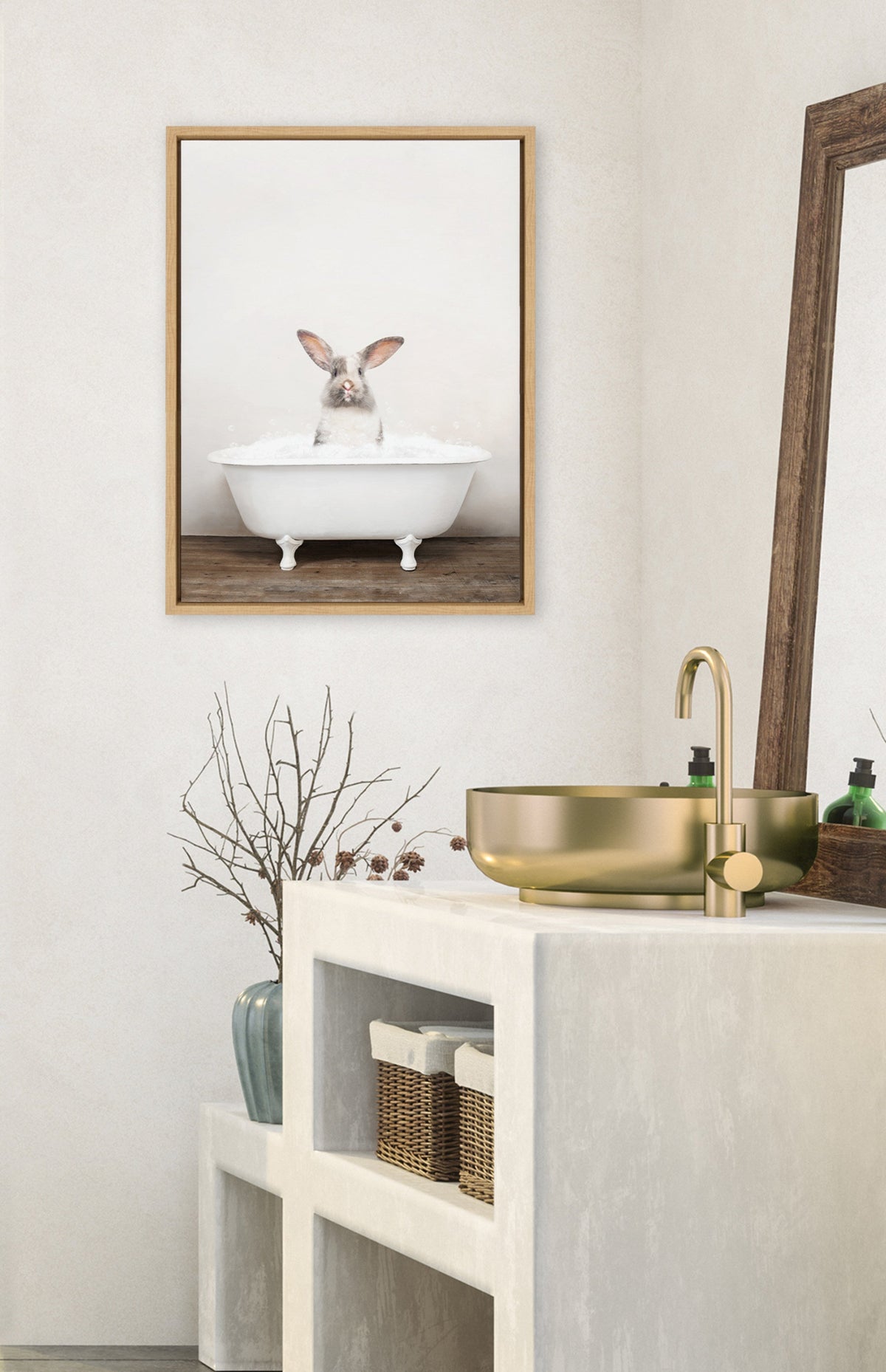 Sylvie Bunny in Rustic Bath Framed Canvas by Amy Peterson Art Studio