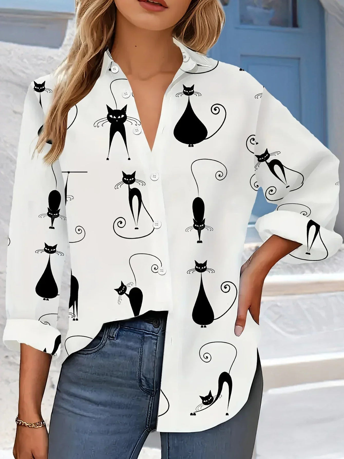 Shirt - Cat Print Cotton Long-Sleeve