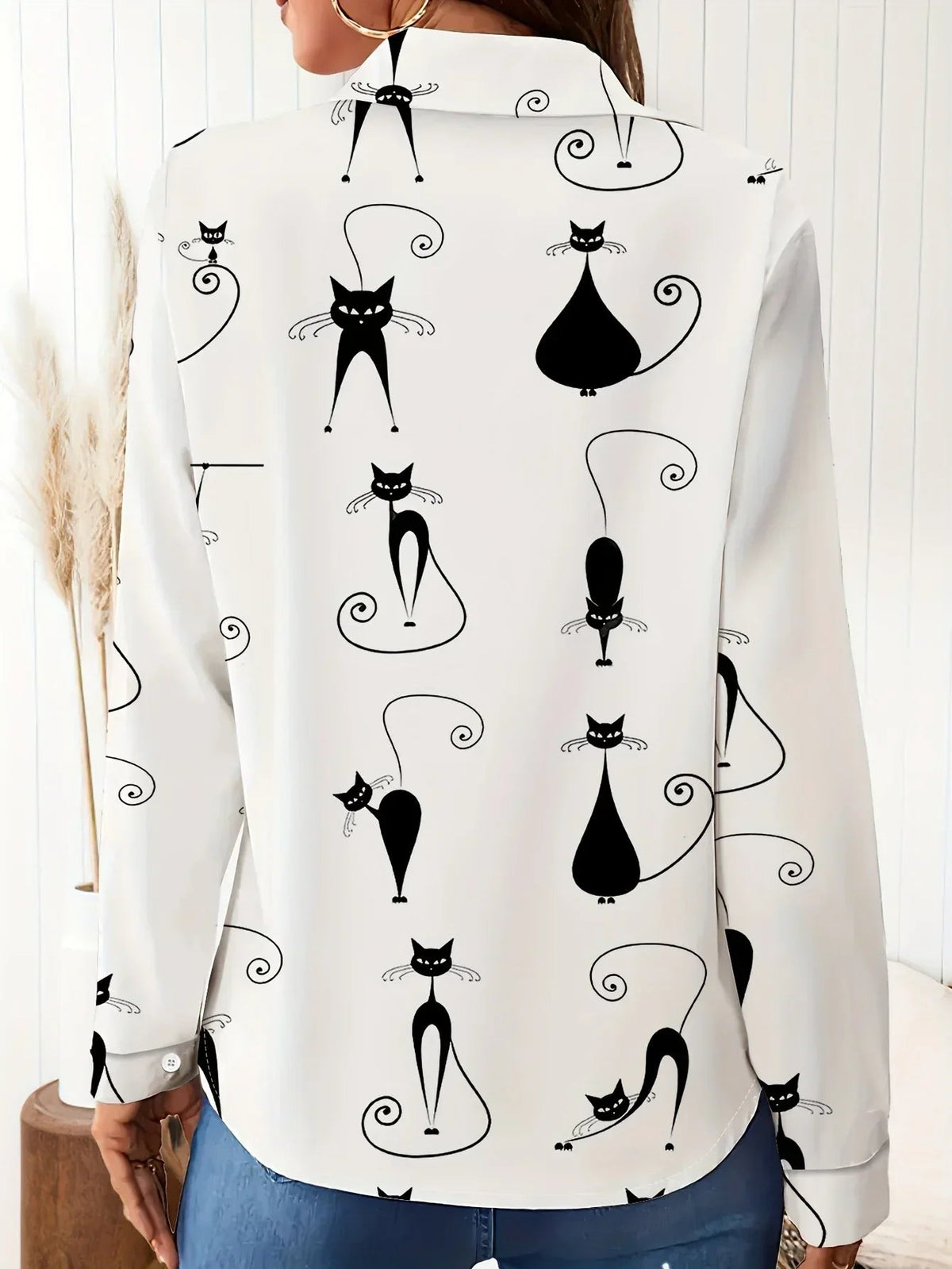 Shirt - Cat Print Cotton Long-Sleeve