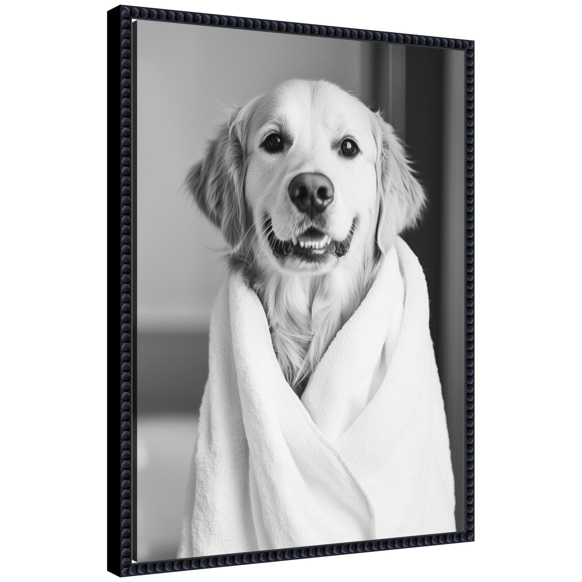 Sylvie Golden Retriever Bathroom Towel Robe Black and White Framed Canvas by The Creative Bunch Studio