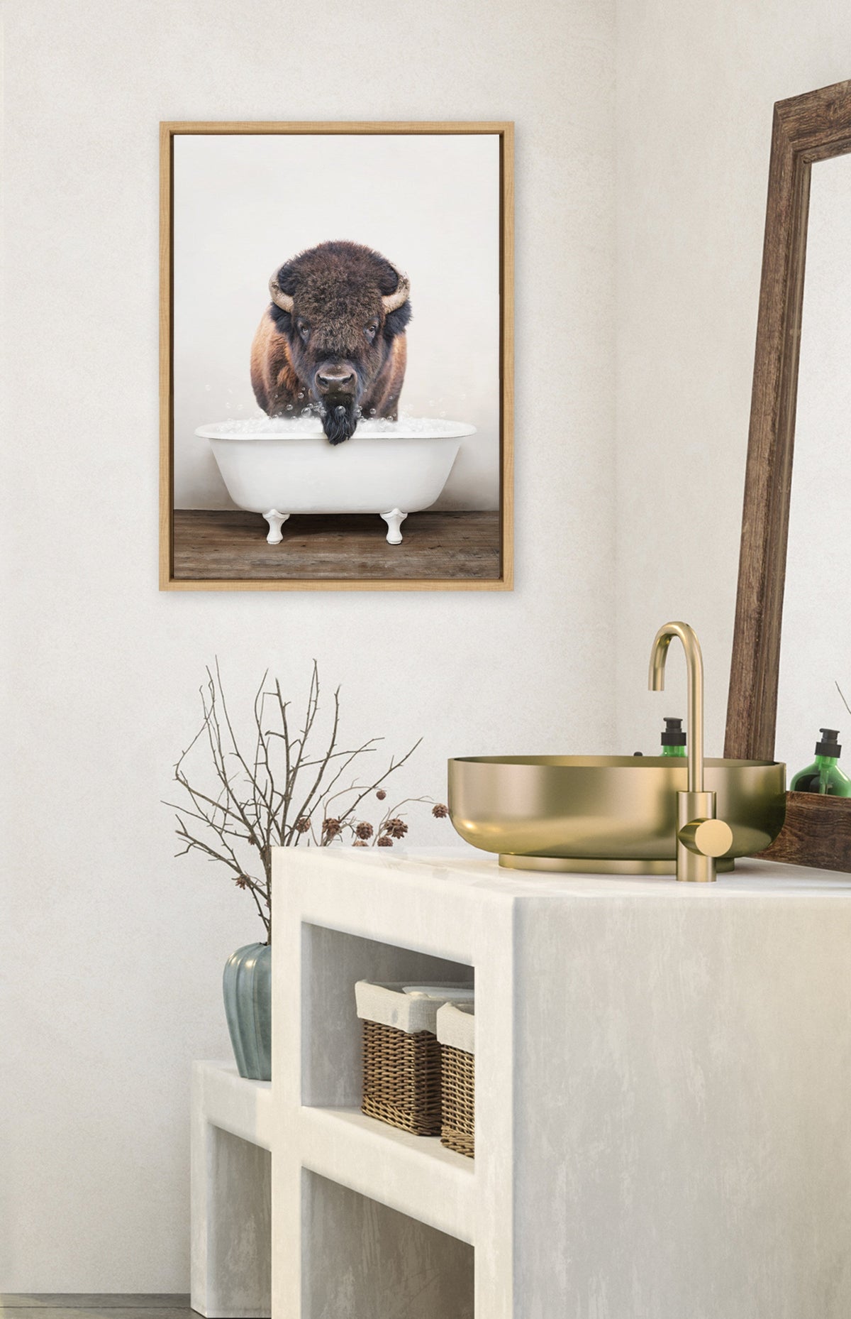 Sylvie Bison Rustic Bubble Bath Framed Canvas by Amy Peterson Art Studio