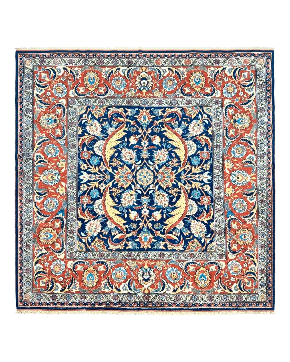 Square Turkish Mahal Rug 8 x 8.5, Colorful Square Carpet, Large 8ft Square Rug, Blue Red Yellow, Handmade Wool, Vintage, Large Flowers, Nice - Jewel Rugs