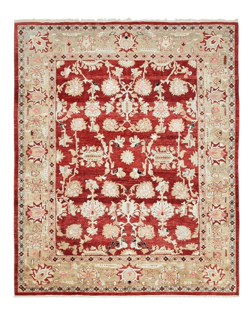 Peshawar Rug 9.5 x 10.8, Almost Square Size, Red and Beige Chobi Sultanabad Rug, Shah Abbas Flowers, Wool Handmade, Vintage Oriental Carpet - Jewel Rugs