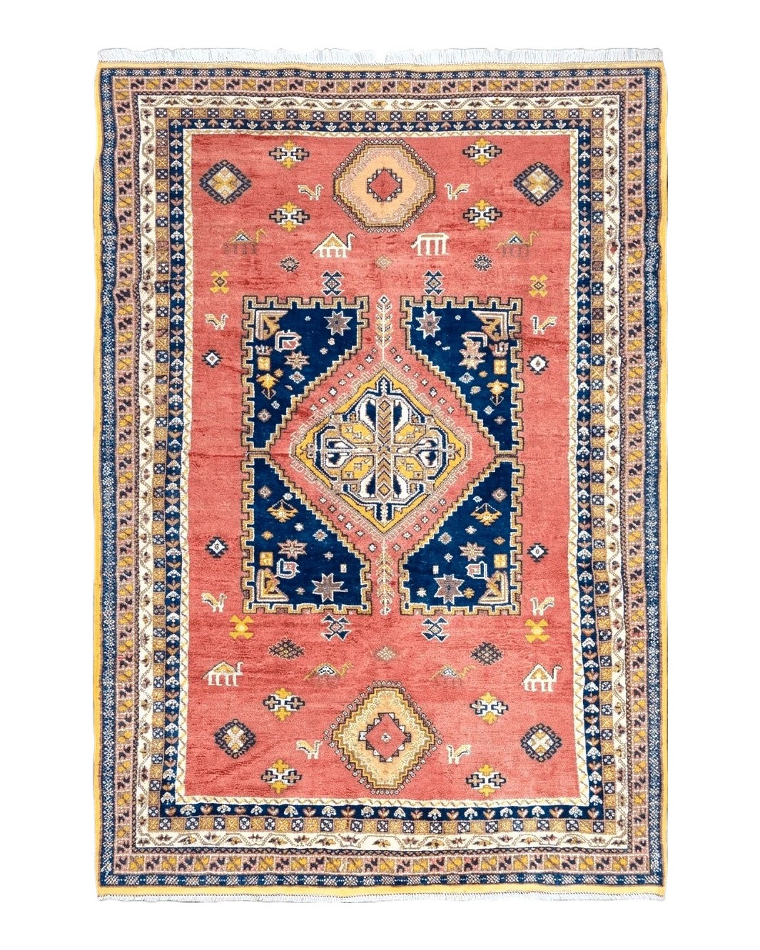Vintage Moroccan Rug 6.6 x 9.8 ft, Tribal Bohemian Wool Hand-Knotted Carpet, 1950s Moroccan Rug, Salmon Red and Navy Blue, Room Sized Rug - Jewel Rugs