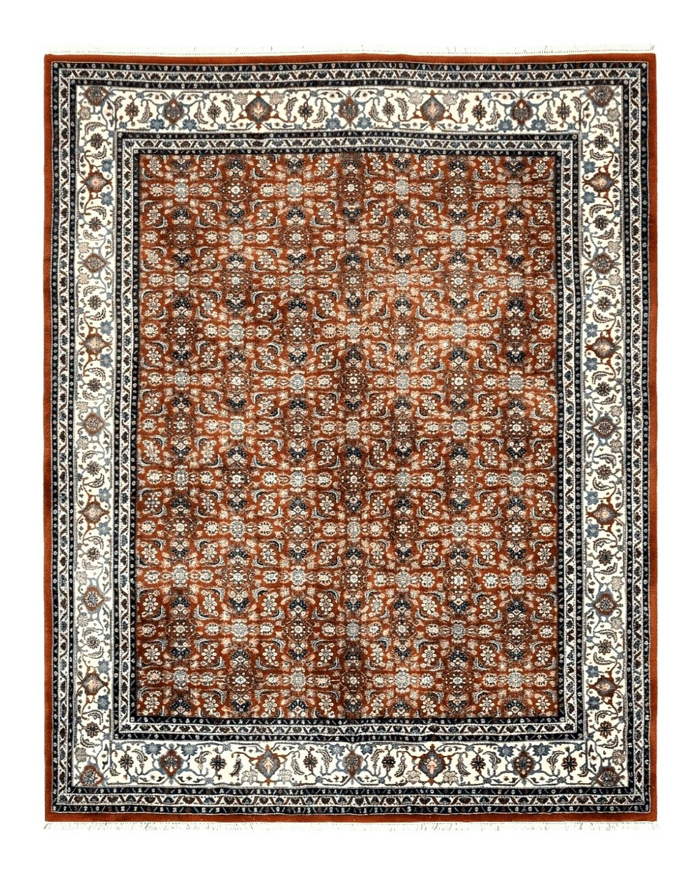 Indo Bidjar Rug 8x10, Indo Persian Bijar Carpet 8 x 10 ft, Herati Allover Floral, Red and Ivory, Wool Hand Knotted Vintage Oriental Rug Nice - Jewel Rugs