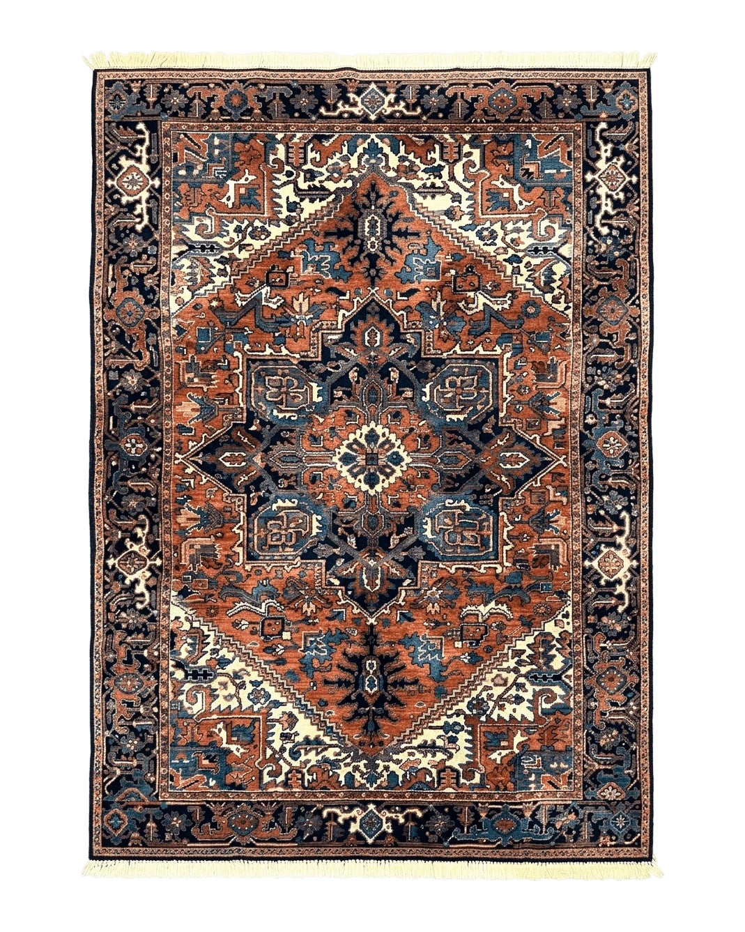 Heriz Rug 5.6 x 8, Geometric Medallion, Wool Oriental Carpet, Tribal Boho Rug, Red Navy Blue Cream, Belgium Power Loomed Rug, Medium Sized - Jewel Rugs
