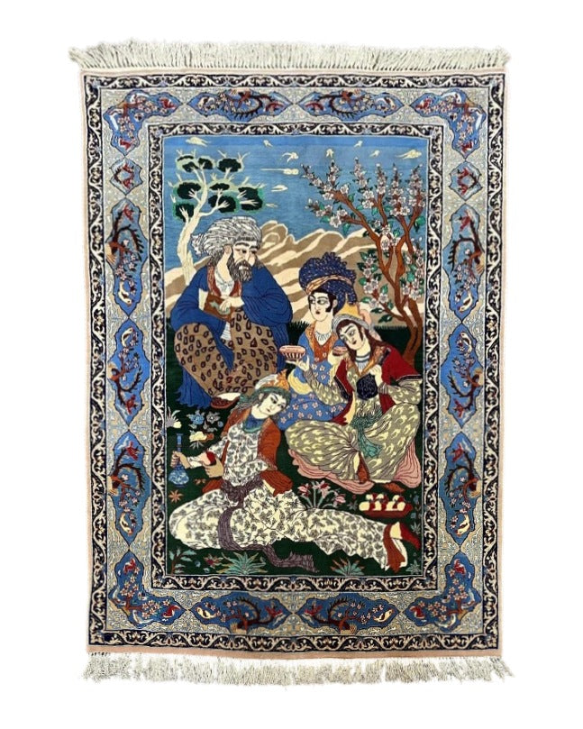 Fine Persian Isfahan Pictorial Rug 3.7 x 5, Kork Wool on Silk Foundation, Blue Persian Carpet, Hand Knotted, Humans Birds, High KPSI, Semi Antique - Jewel Rugs
