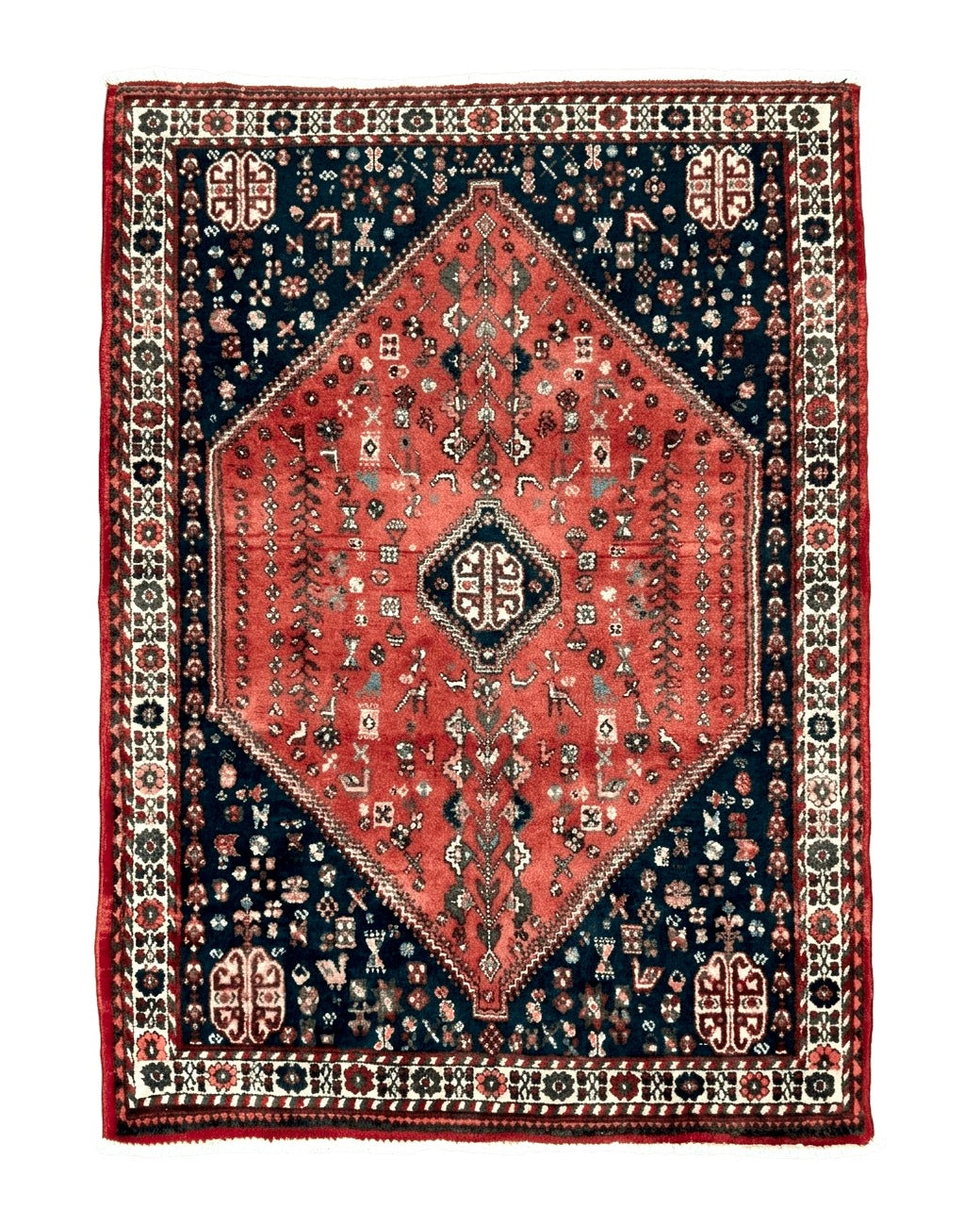 Persian Tribal Rug 3.6 x 5 ft, Persian Abadeh Rug, Geometric Medallion Bird Motifs, Red and Navy Blue Hand Knotted Handmade Wool Vintage Oriental Carpet - Jewel Rugs