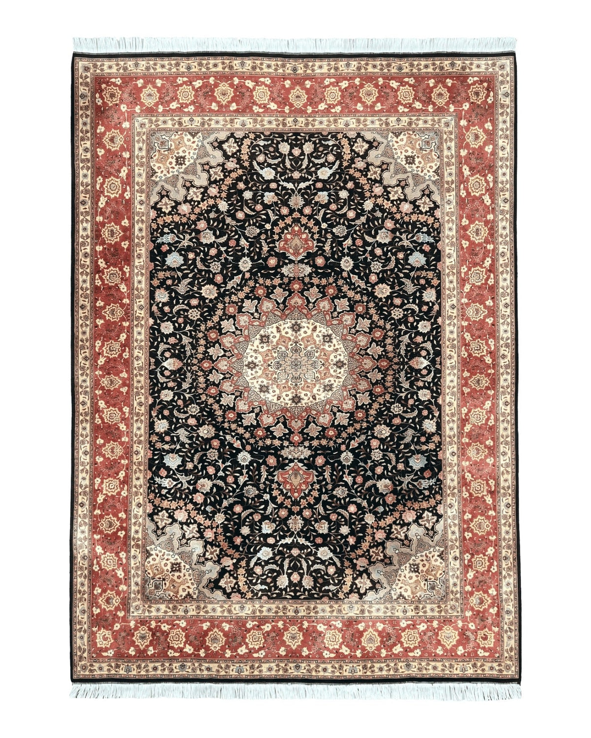 Marvelous Persian Tabriz Rug 7x10 ft, Super Fine 50 Raj, 300+ KPSI, Black and Rust Red, Floral Medallion Handmade Wool Oriental Carpet, Top Quality - Jewel Rugs