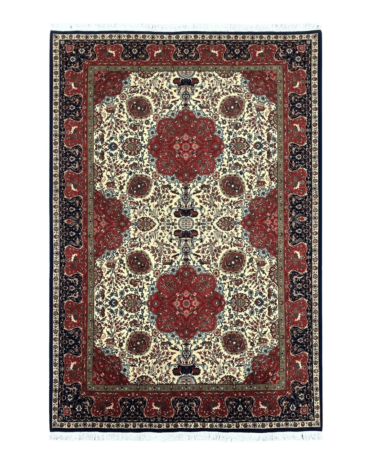 Wonderful Sino Persian Rug 6x10 with Animal Pictorial Motifs, Cream Dark Red Navy Blue, Birds Gazelles, Two Medallions, Top Quality Handmade - Jewel Rugs