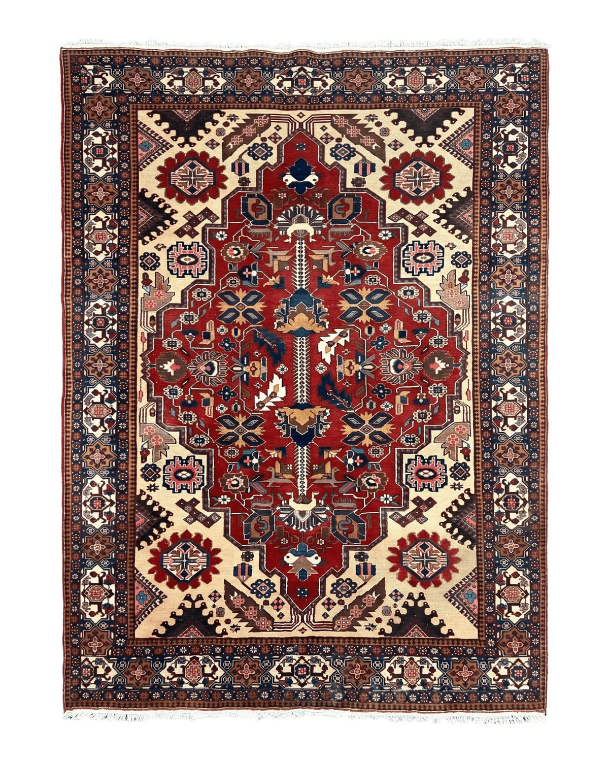 Antique Persian Heriz Rug 8x12 ft, Geometric Tribal Room Sized Carpet, Camel Hair Red Navy Blue, Wool Hand Knotted Medallion Oriental Carpet - Jewel Rugs