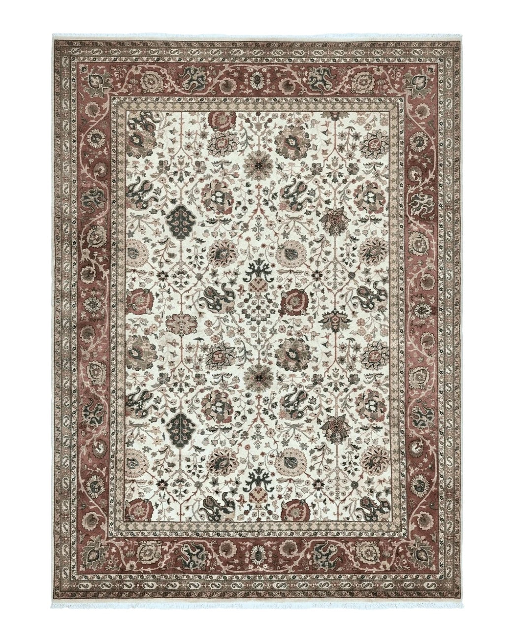 Large Indian Rug 10x14, Hand Knotted Indo Persian Gandehar Oriental Carpet, Vintage Wool Rug 10 x 14 ft Cream Red Floral Allover Traditional - Jewel Rugs