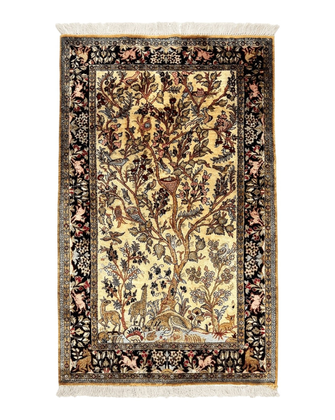 Silk Tree of Life Persian Qum Rug 3x4, Hand Knotted Vintage Carpet, Cream & Black, Very Fine Oriental Rug, Animal Pictorials, Birds - Jewel Rugs