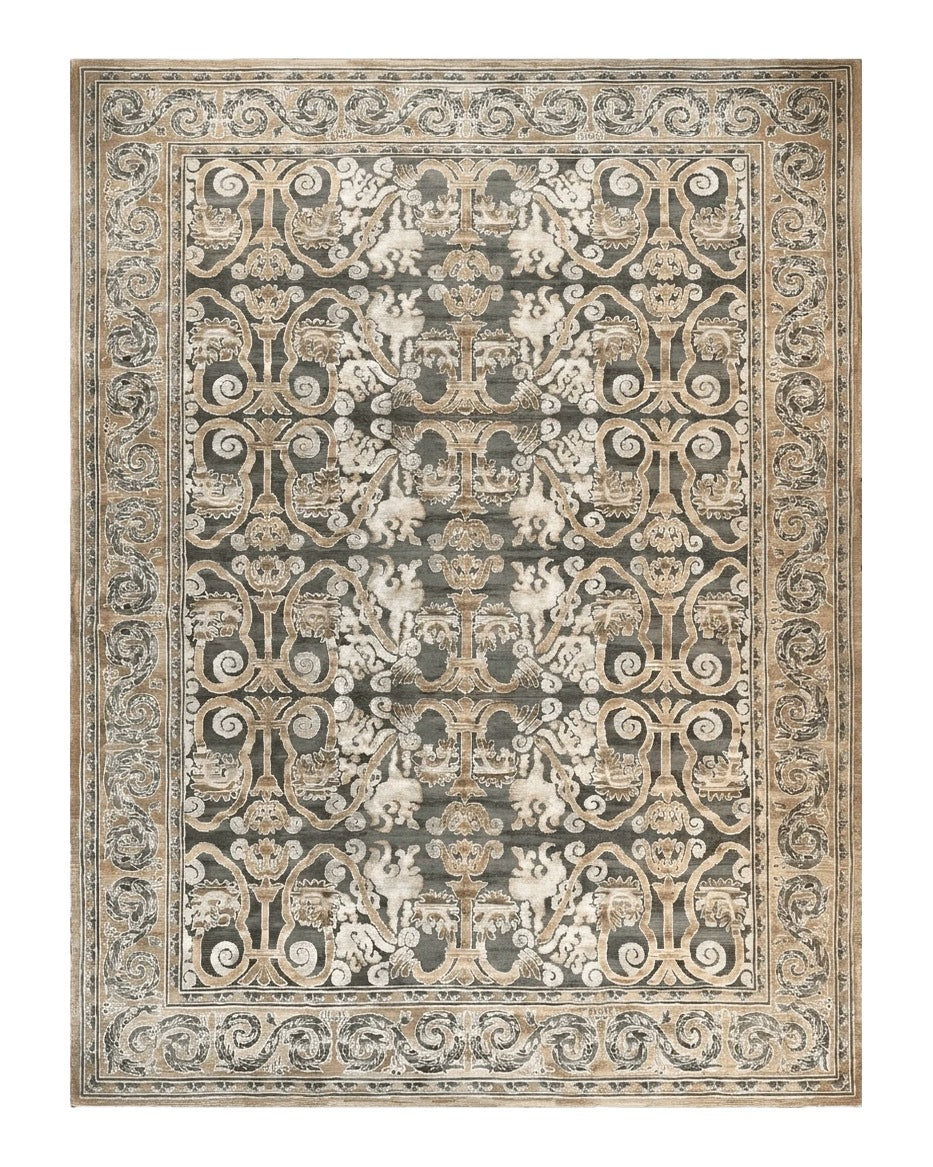 Spanish Rug 11x14, Wool Hand Knotted Vintage Carpet, Olive Green and Beige, Floral Allover, European Design, 11 x 14 Rug - Jewel Rugs