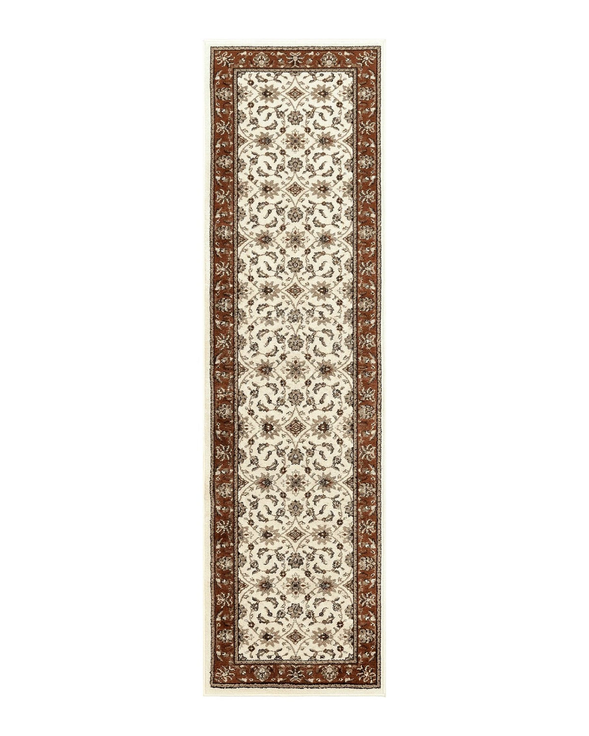 Runner Rug 2 x 7.6, Skinny Runner, Oriental Rug for Hallway, Ivory & Rust Red, Floral Allover - Jewel Rugs