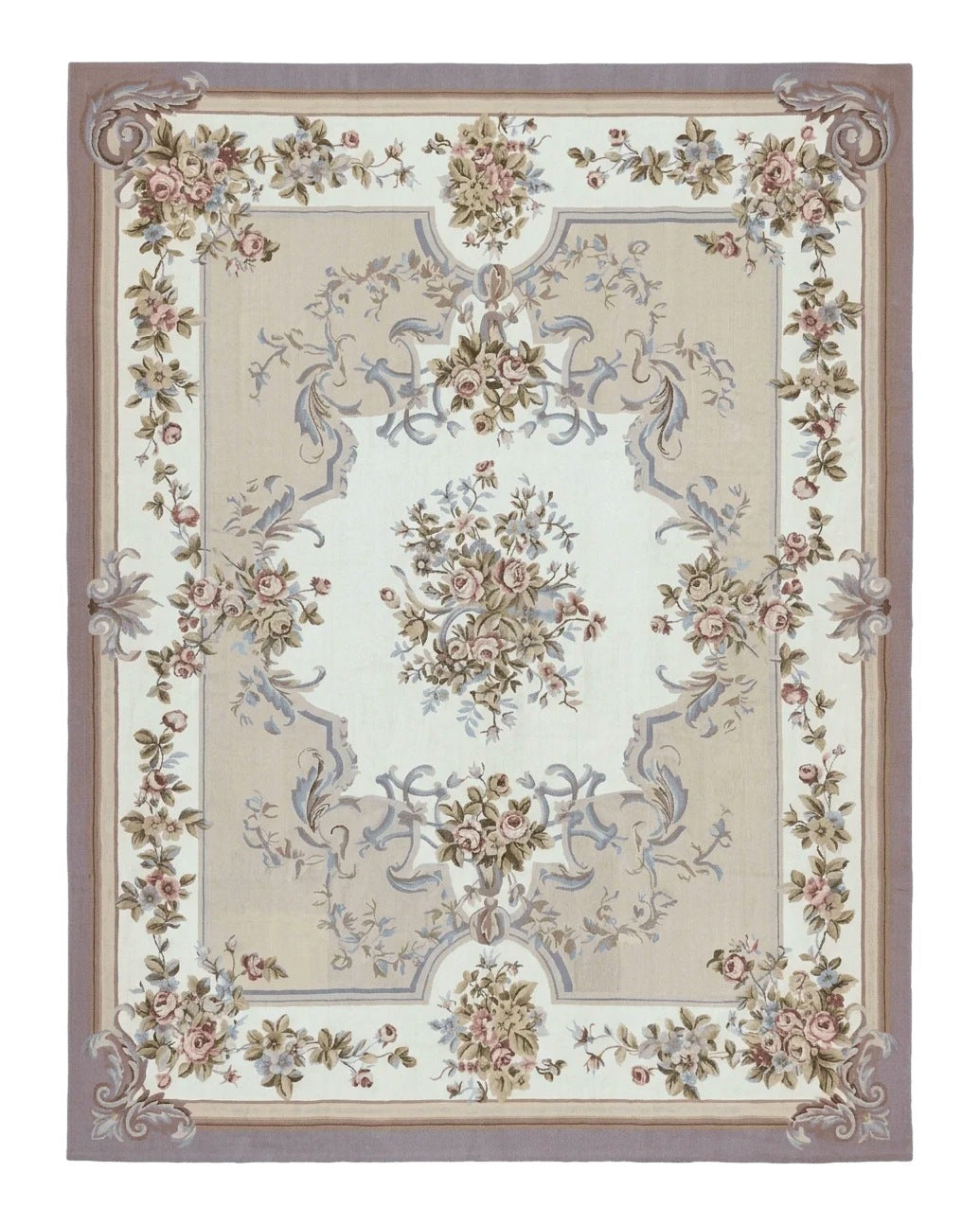 Aubusson Needlepoint Rug 9x12, VIntage Handmade Wool Beige Floral European Elegant Rug 9 x 12, Floral Roses - Jewel Rugs