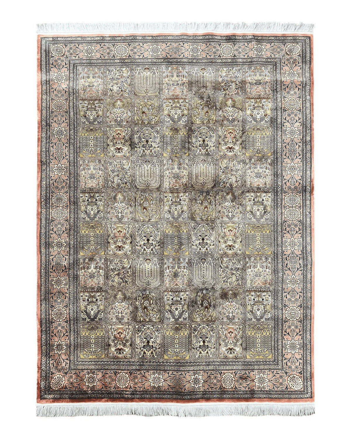 Magnificent Persian Silk Rug 3.7 x 5, Persian Qum Rug, Panel Design, Kheshti Garden, Extremely Fine 650 KPSI - 70 Raj, Hand Knotted, Vintage, Multicolor - Jewel Rugs