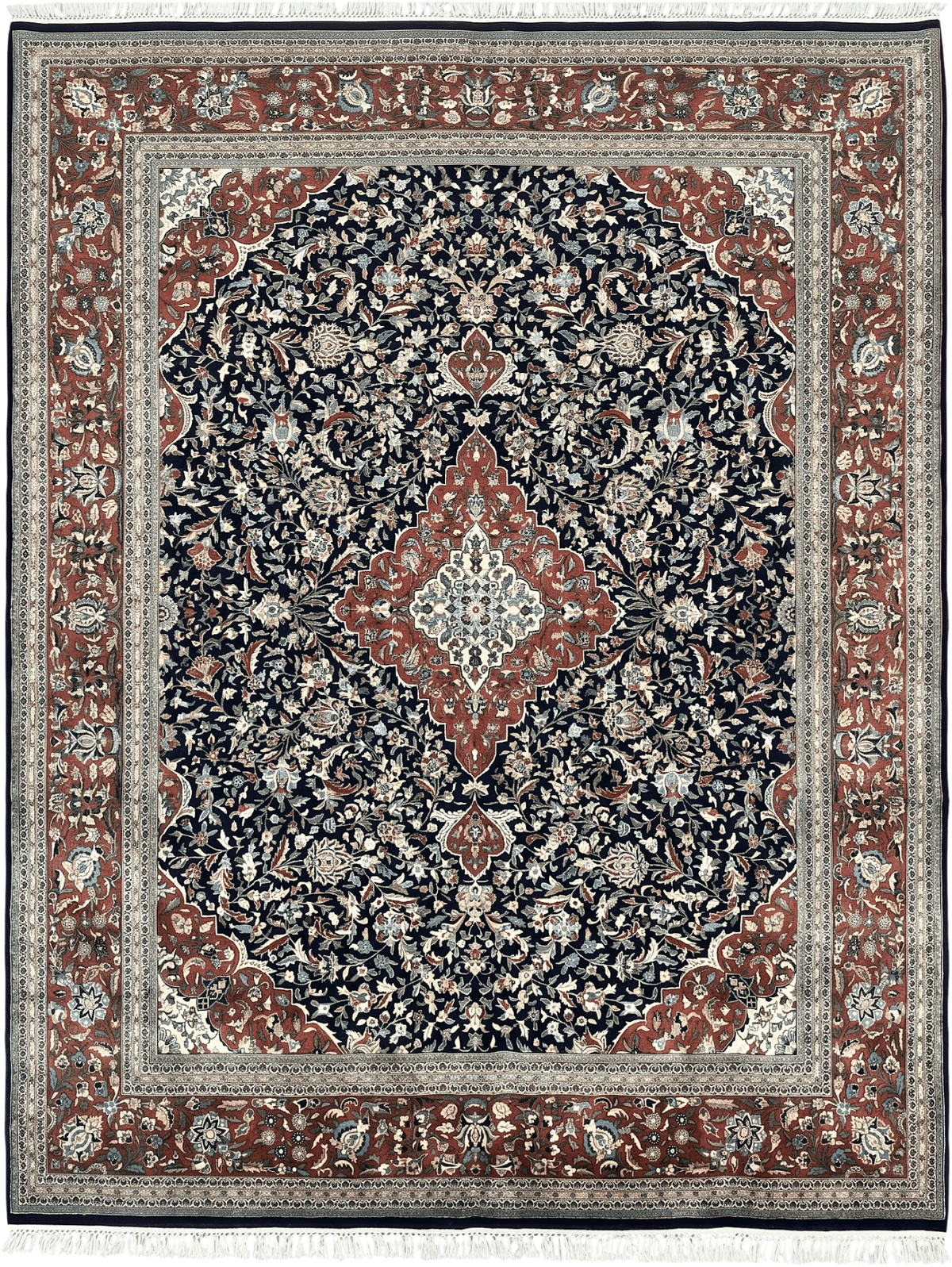 Indo Persian Rug 8x10, Floral Medallion, Vintage Handmade Wool Carpet, Navy Blue and Red, Fine 300 KPSI - Jewel Rugs