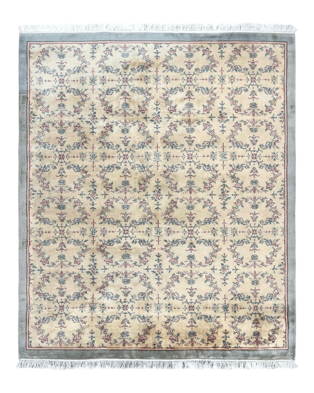 Sino Persian Rug 8x10, Floral, Oatmeal and Light Teal, Handmade Wool Vintage Carpet - Jewel Rugs