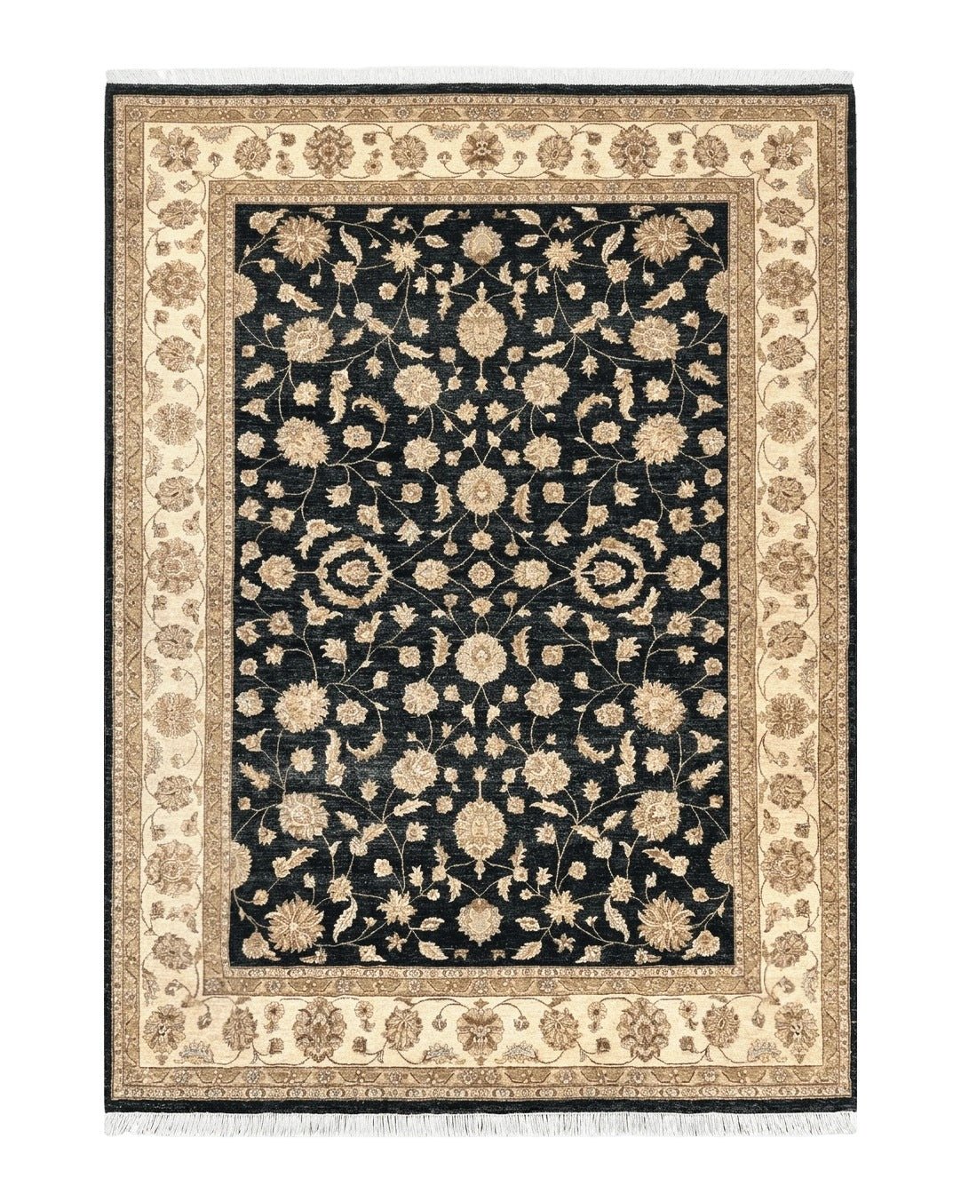 Indo Persian Rug 10x14, Charcoal and Beige, Floral Allover, Handmade Vintage Wool Carpet - Jewel Rugs