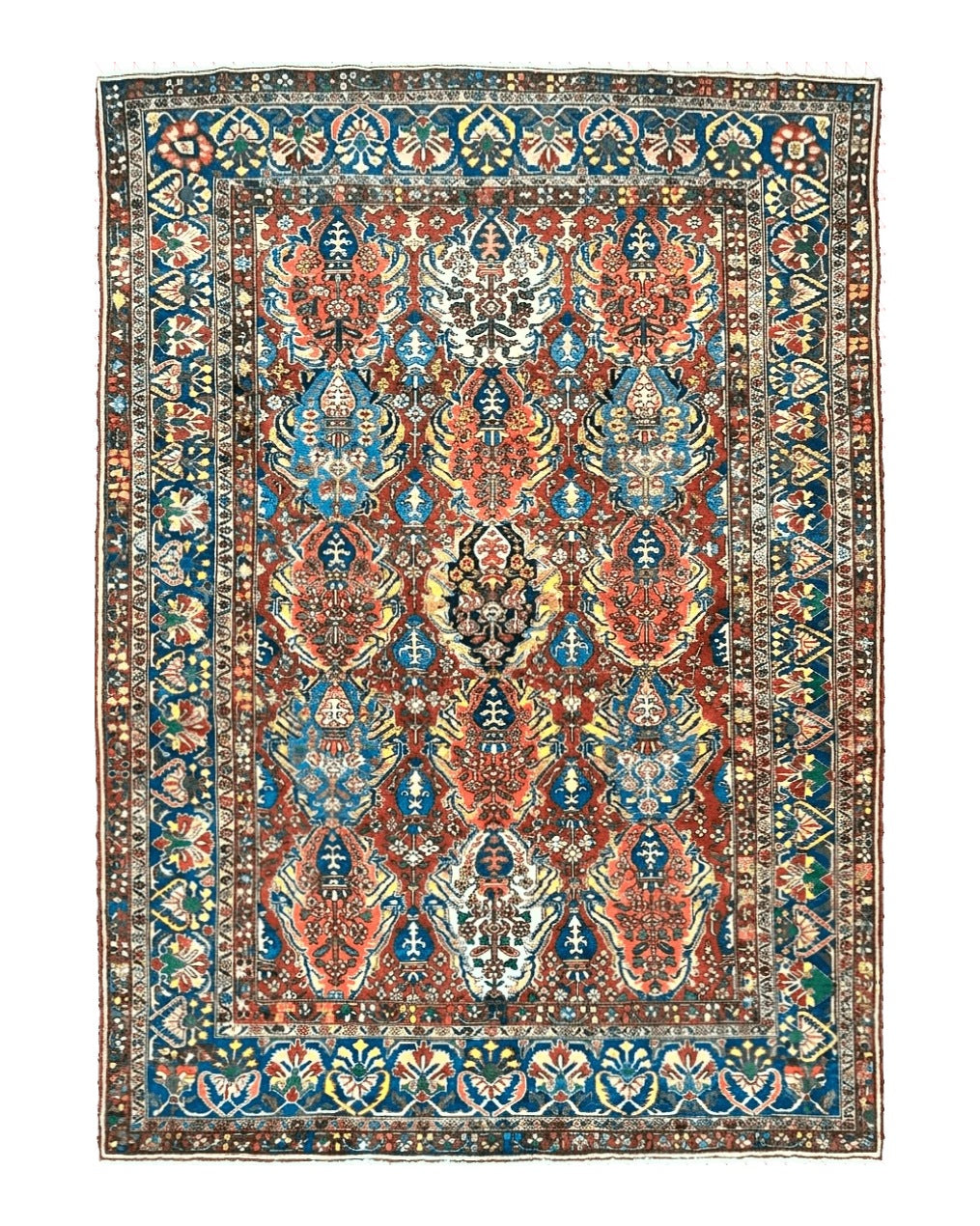 Large Persian Bakhtiari Rug 10x14, Rare Perisan Tribal Rug, Red Blue Ivory Multicolor, Hand Knotted, Semi Antique Carpet - Jewel Rugs