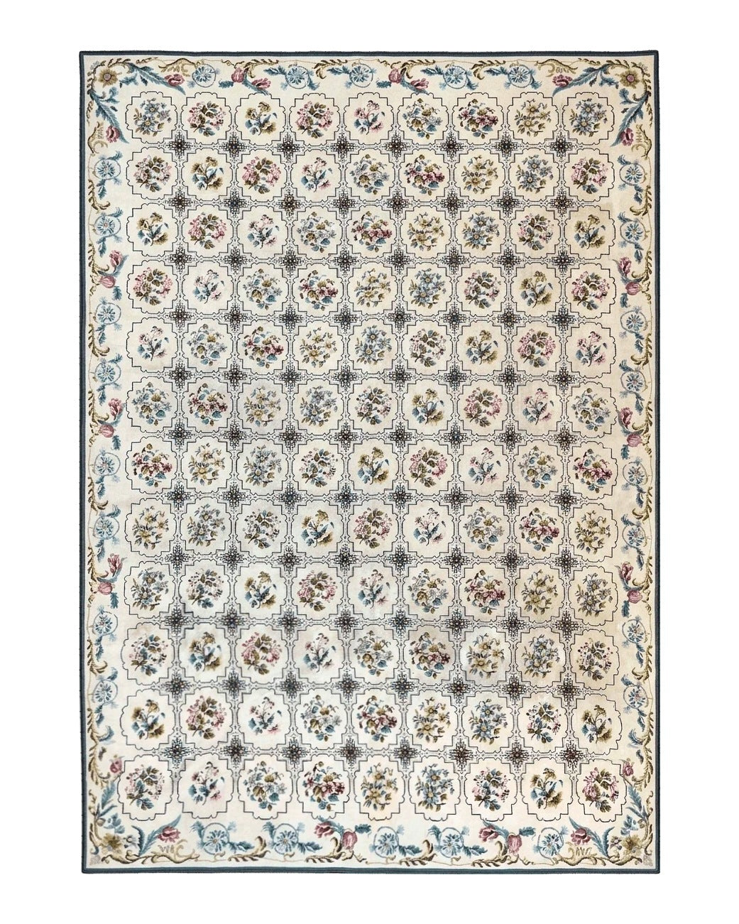 Needlepoint Rug 10x14, Wool Handmade Vintage Needlepoint Carpet, Floral Panel Design, Ivory/Cream - Jewel Rugs